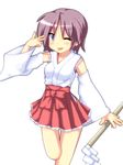  adapted_uniform blue_eyes detached_sleeves gohei highres hiiragi_inori japanese_clothes lucky_star mai_(t-5) miko one_eye_closed purple_hair short_hair solo tongue transparent_background 
