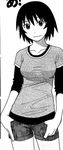  azuma_kiyohiko azumanga_daiou black_and_white breasts clavicles collarbone highres kagura monochrome official_art shorts simple_background 