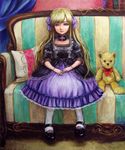  blonde_hair bracelet child couch doll_joints dress green_eyes hair_ribbon highres jewelry long_hair mary_janes md5_mismatch oil_painting_(medium) original pantyhose realistic ribbon shoes solo stuffed_animal stuffed_toy tafuto teddy_bear traditional_media 