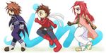  age_difference blue_eyes boots brown_eyes brown_hair chibi father_and_son fingerless_gloves gloves headband kratos_aurion lloyd_irving long_hair male male_focus red_hair redhead short_hair tales_of_(series) tales_of_symphonia zelos_wilder 