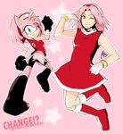  amy_rose amy_rose_(cosplay) ari1020 boots character_name cosplay costume_switch furry haruno_sakura haruno_sakura_(cosplay) knee_boots look-alike multiple_girls naruto naruto_(series) naruto_shippuuden pink pink_background sonic_the_hedgehog trait_connection 
