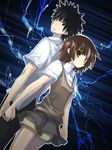  1girl bad_id bad_pixiv_id biribiri brown_hair couple hair_ornament hairclip hetero kamijou_touma misaka_mikoto mishima_kurone school_uniform short_hair shorts sweatdrop to_aru_kagaku_no_railgun to_aru_majutsu_no_index 