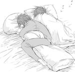  2boys age_difference barefoot bed father_and_son kratos_aurion lloyd_irving lowres male male_focus monochrome multiple_boys pajamas pillow pillow_hugging short_hair sleeping tales_of_(series) tales_of_symphonia 