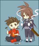  age_difference brown_hair chibi cup father_and_son hammer kratos_aurion lloyd_irving lowres male male_focus mug short_hair simple_background sword tales_of_(series) tales_of_symphonia weapon 