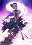  black_hairband blue_eyes bob_cut bobby_socks cherry_blossoms floating hairband head_tilt highres katana konpaku_youmu konpaku_youmu_(ghost) kunieda short_hair socks solo stairs sword touhou weapon white_hair 