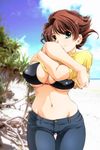  amaha_masane beach bikini_top breasts brown_hair cleavage cloud covered_nipples day denim green_eyes highres jeans kantori large_breasts midriff navel outdoors pants photo_background shirt shirt_lift short_hair sky smile solo swimsuit swimsuit_under_clothes t-shirt thigh_gap underboob undressing wide_hips witchblade 