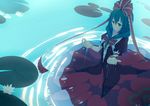  bad_id bad_pixiv_id bow dress front_ponytail green_eyes green_hair hair_ribbon kagiyama_hina kasuga_ayumu_(haruhipo) lily_pad long_hair looking_down muted_color outstretched_hand ribbon ripples smile solo submerged touhou water 