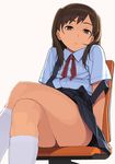  :&lt; brown_eyes brown_hair chair crossed_legs from_below go_robots legs looking_at_viewer original school_uniform sitting socks solo strap_slip thighs 