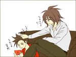  age_difference brown_hair couch father_and_son hand_on_head kratos_aurion lloyd_irving nintendo_ds short_hair simple_background sitting tales_of_(series) tales_of_symphonia translation_request 