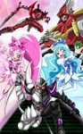  3boys :d ;d arudebido blue_eyes blue_hair blue_skirt boots bow choker crossover cure_blossom cure_marine eyelashes gosei_great hanasaki_tsubomi heartcatch_precure! highres kamen_rider kamen_rider_accel kamen_rider_double kamen_rider_w knee_boots kurumi_erika long_hair magical_girl mecha multiple_boys multiple_girls one_eye_closed open_mouth pink_bow pink_choker pink_eyes pink_hair precure skirt smile super_sentai tensou_sentai_goseiger thighhighs white_legwear 