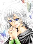  1girl blue_eyes butterfly character_request female interlocked_fingers long_hair praying solo white_background white_hair 