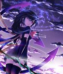  alternate_hair_length alternate_hairstyle black_hair black_legwear cloud dress elbow_gloves gloves houjuu_nue long_hair looking_back magic_circle one_eye_closed polearm red_eyes sharp_(renweixia) sky smile snake solo thighhighs touhou weapon wings zettai_ryouiki 