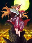  alcohol barefoot blonde_hair chain cuffs cup feet fur_coat highres horn hoshiguma_yuugi long_hair momijigari moon red_eyes sakazuki sake solo star touhou 