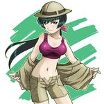  blush bontenmaru crop_top green_hair gundam gundam_00 helmet long_hair midriff pith_helmet ponytail shirt shorts smile solo tank_top taut_clothes taut_shirt unbuttoned undressing wang_liu_mei yellow_eyes 