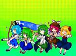  ^_^ antennae aqua_hair bad_id bad_pixiv_id blonde_hair blue_eyes blush bug butterfly cape carp cirno closed_eyes daiyousei fang flag green_hair grin hair_ribbon hat insect koinobori multiple_girls musical_note mystia_lorelei outstretched_arms pink_hair ribbon rumia short_hair side_ponytail smile spread_arms takamura team_9 touhou wings wriggle_nightbug 