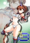  boots breasts brown_hair cosplay elbow_gloves female_protagonist_(persona_3) gloves hairband horn kirin_(armor) medium_breasts midriff monster_hunter one_eye_closed persona persona_3 persona_3_portable red_eyes segami_daisuke solo underboob zoom_layer 