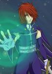  1boy fingerless_gloves gloves kratos_aurion magic male male_focus red_eyes red_hair redhead short_hair solo sword tales_of_(series) tales_of_symphonia weapon 