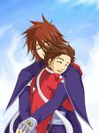  age_difference brown_hair eyes_closed father_and_son fingerless_gloves gloves hug kratos_aurion lloyd_irving short_hair sky smile tales_of_(series) tales_of_symphonia 