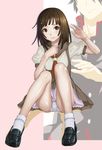  bakemonogatari brown_eyes brown_hair hands highres kyodairobo legs loafers long_legs monogatari_(series) panties pantyshot pantyshot_(sitting) petticoat school_uniform sengoku_nadeko shoes sitting solo underwear white_panties 