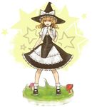  blonde_hair bow braid curiosities_of_lotus_asia frills hat hat_bow kirisame_marisa long_hair mary_janes mushroom open_mouth ribbon shoes side_braid single_braid solo star touhou white_bow witch witch_hat yagara yellow_eyes 