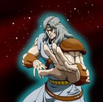  akimaru armband aura beard circlet constellation facial_hair fighting_stance foreshortening grey_eyes highres hokuto_no_ken long_hair male_focus manly md5_mismatch muscle shoulder_pads silver_hair solo toki_(hokuto_no_ken) 