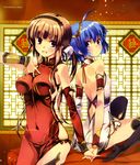  absurdres bare_shoulders blue_eyes blue_hair breasts brown_eyes brown_hair china_dress chinese_clothes copyright_request detached_sleeves dress highres impossible_clothes impossible_dress large_breasts legs multiple_girls refeia short_hair side_slit thighhighs thighs 