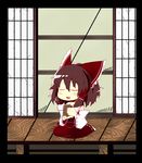  bow chibi closed_eyes cup hakurei_reimu hebereke_black porch red_bow solo tea touhou veranda yunomi 