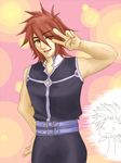 1boy brown_eyes brown_hair kratos_aurion male male_focus one_eye_closed partially_colored peace red_hair redhead short_hair solo tales_of_(series) tales_of_symphonia v wink 