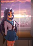  asakura_ryouko bad_id bad_pixiv_id blue_eyes blue_hair desk highres kita_high_school_uniform long_hair school_uniform serafuku solo sunset suzumiya_haruhi_no_shoushitsu suzumiya_haruhi_no_yuuutsu zeroichi 