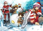  2girls aqua_eyes banned_artist boots brown_hair christmas christmas_tree closed_eyes dark_skin glasses grandia grandia_online kawasumi_(japonica) multiple_boys multiple_girls official_art pointy_ears purple_hair santa_costume snow thighhighs 