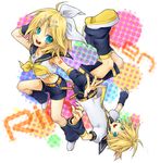  1girl aqua_eyes bad_id bad_pixiv_id blonde_hair brother_and_sister detached_sleeves hair_ornament hair_ribbon hairclip headset kagamine_len kagamine_rin ribbon short_hair siblings twins ueno_tsuki vocaloid 