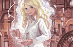  annie_berton blonde_hair blue_eyes coffee dress_shirt face long_hair matsuda_(matsukichi) original shirt solo 