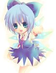  blue_eyes blue_hair bow child cirno clenched_hand dress hair_bow leg_up lowres pochi-t ribbon short_hair solo touhou wings 