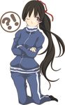  1girl akaho_sakura akiyama_mio alternate_hairstyle bad_id bad_pixiv_id black_hair blue_eyes crossed_arms k-on! long_hair one_eye_closed ponytail solo track_suit 