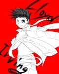  1boy crossed_arms lloyd_irving lowres male male_focus monochrome one_eye_closed short_hair simple_background sketch solo tales_of_(series) tales_of_symphonia wink 