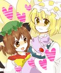  animal_ears blonde_hair brown_eyes brown_hair chen multiple_girls touhou yakumo_ran yellow_eyes zawameki 