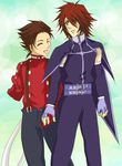  age_difference brown_hair buttons eyes_closed father_and_son fingerless_gloves gloves hand_holding interlocked_fingers kratos_aurion lloyd_irving male male_focus red_hair redhead short_hair smile tales_of_(series) tales_of_symphonia 