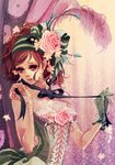  bare_shoulders brown_eyes brown_hair corset flower gloves hair_ornament matsuo_hiromi original ribbon rose single_glove solo victorian 