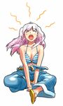  arle bad_id bad_pixiv_id bikini bikini_top breasts cleavage closed_eyes denim jeans large_breasts long_hair open_mouth original overalls pants pink_hair sandals sitting solo striped striped_bikini swimsuit teardrop tears v_arms yawning 