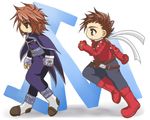  age_difference boots brown_eyes brown_hair chibi father_and_son fingerless_gloves gloves kratos_aurion lloyd_irving lowres male male_focus red_hair redhead short_hair tales_of_(series) tales_of_symphonia 