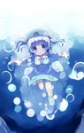  backpack bag bangs blue_eyes blue_hair blunt_bangs boots hair_bobbles hair_ornament hat highres kawashiro_nitori key miko_machi outstretched_arms rubber_boots short_hair solo spread_arms staring touhou twintails underwater 