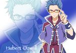  adjusting_eyewear alternate_costume blue_background blue_eyes blue_hair character_name glasses hubert_ozwell male_focus red-framed_eyewear solo tales_of_(series) tales_of_graces utakata_masara zoom_layer 