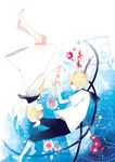  1girl bad_id bad_pixiv_id barefoot blonde_hair blue_eyes brother_and_sister dress feet fish flower gears hair_ornament hair_ribbon hairclip holding_hands kagamine_len kagamine_rin mig_(36th_underground) planet ribbon sailor_dress short_hair siblings star twins vocaloid 