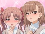  blush bow brown_eyes brown_hair finger_to_mouth hair_bow hair_ornament hairclip long_hair mameshiba misaka_mikoto multiple_girls school_uniform shirai_kuroko short_hair to_aru_kagaku_no_railgun to_aru_majutsu_no_index twintails 