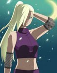  bare_shoulders blonde_hair blue_eyes crescent_moon fishnets green_eyes hair_ornament hair_over_one_eye hairclip halter_top halterneck hand_behind_head kikutake_ranmaru long_hair moon naruto naruto_(series) navel night ponytail solo yamanaka_ino 