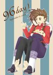  age_difference brown_eyes brown_hair buttons cake father_and_son feet food fork hair_over_one_eye kratos_aurion lloyd_irving male male_focus short_hair tales_of_(series) tales_of_symphonia 