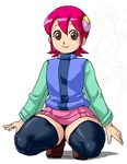  1girl brown_eyes hair_ornament hairclip isu looking_at_viewer lowres pink_hair rockman rockman_exe roll_exe sakurai_meiru short_hair skirt smile squatting thick_thighs thighhighs thighs when_you_see_it 
