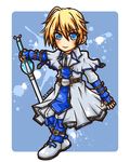  blonde_hair blue_eyes blush boots character_name coat fingerless_gloves gloves guilty_gear highres ky_kiske male_focus no_nose pants shiny.h smile solo sword tabard weapon 