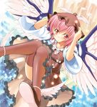  animal_ears brown_legwear dress hat mystia_lorelei panties pink_hair red_eyes seminoyu shoes short_hair smile solo thighhighs touhou underwear white_panties winged_shoes wings 