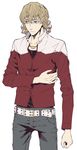  absurdres barnaby_brooks_jr belt blonde_hair blue_eyes expressionless flat_color glasses highres jacket jewelry kaneshiki_suisse male_focus necklace red_jacket simple_background solo studded_belt tiger_&amp;_bunny white_background 